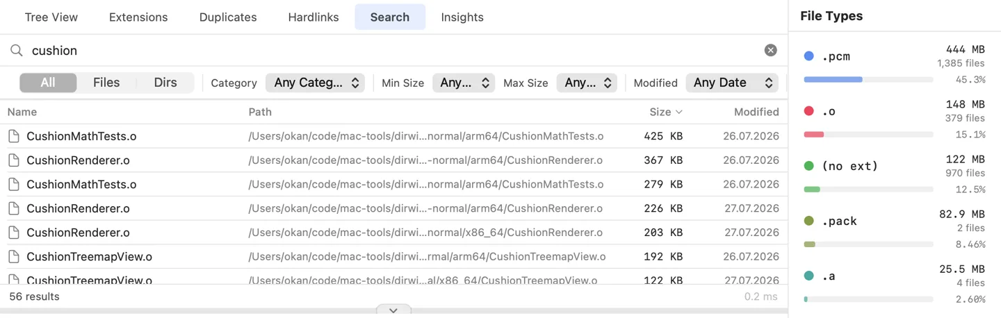 DirWiz search tab: query results with paths and sizes, filter bar with type, size, and date filters